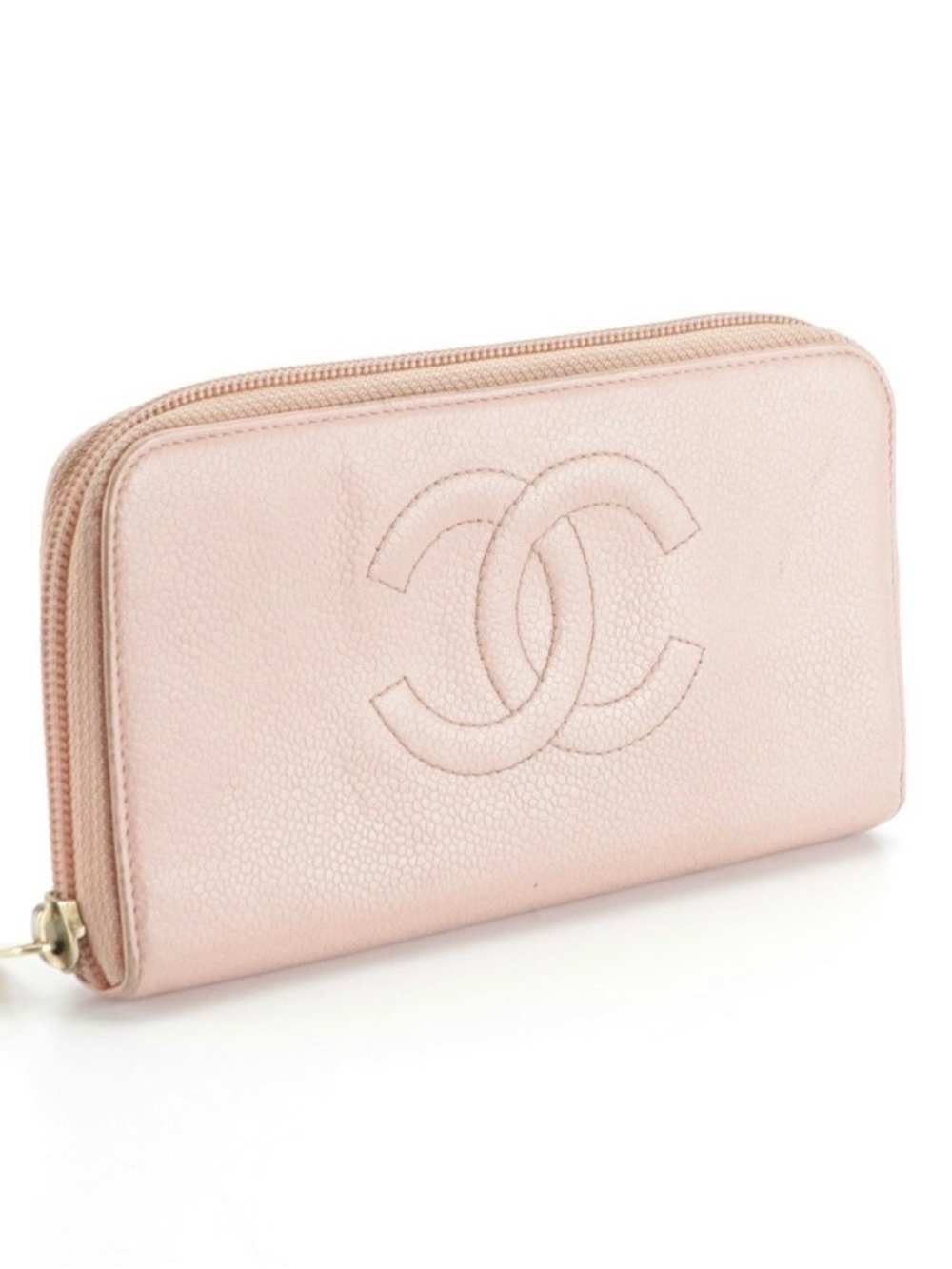 CHANEL Light Pink Quilted Caviar Leather Zip-Around Wallet